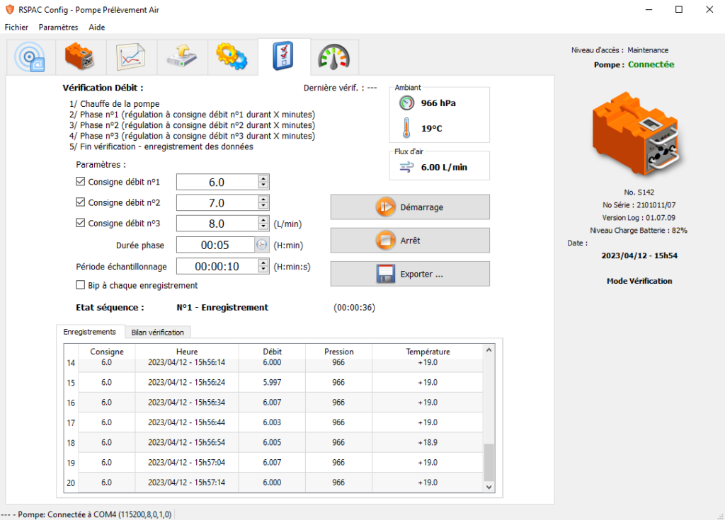 Logiciel RSPAC Config pour pompe de prélèvement d'air amiante et fibre, vérification du débit